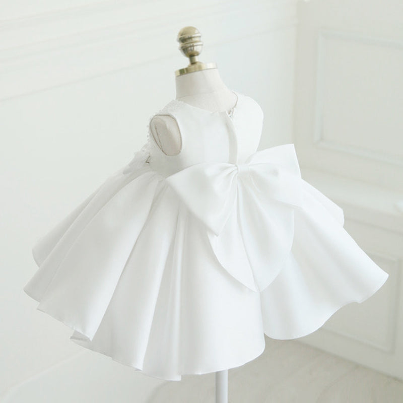 White Satin A-Line Flower Girl Dress – Bow & Sequins, Baptism, Communion, Party