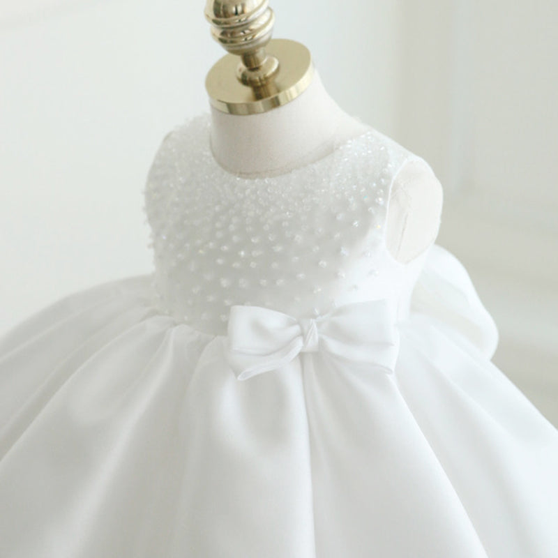 White Satin A-Line Flower Girl Dress – Bow & Sequins, Baptism, Communion, Party