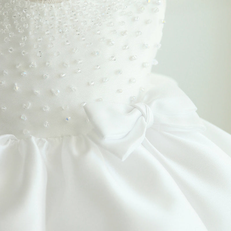 White Satin A-Line Flower Girl Dress – Bow & Sequins, Baptism, Communion, Party