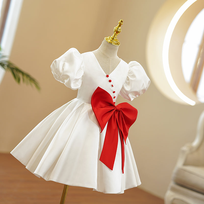 White Satin A-Line Flower Girl Dress Bow V-Neck Puff Sleeve