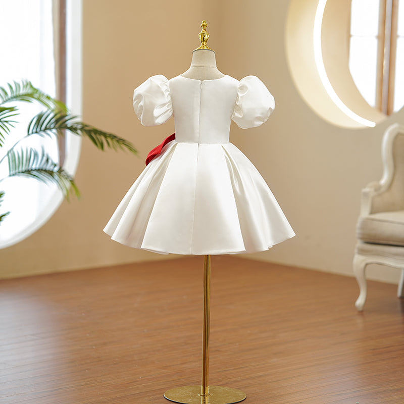 White Satin A-Line Flower Girl Dress Bow V-Neck Puff Sleeve