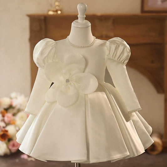 White Satin A-Line Flower Girl Dress with Beaded Flowers