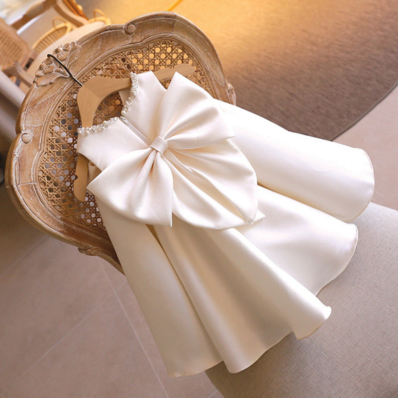 White Satin A-Line Flower Girl Dress with Beaded Ruffles