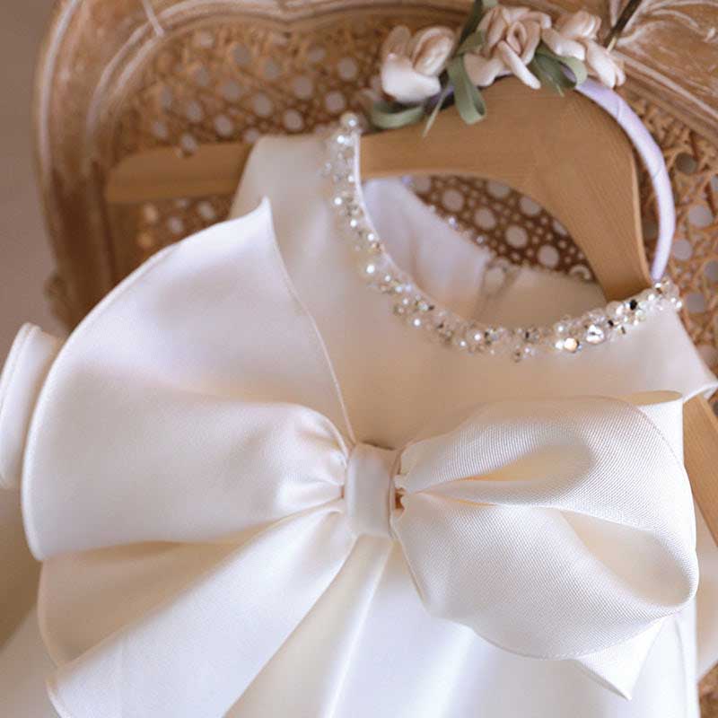 White Satin A-Line Flower Girl Dress with Beaded Ruffles