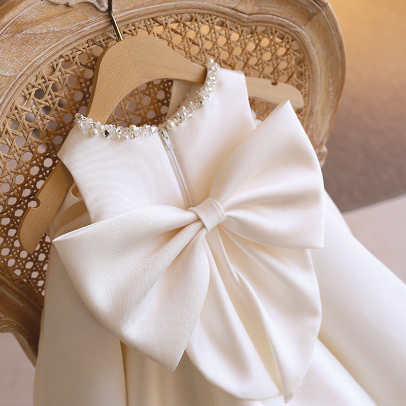 White Satin A-Line Flower Girl Dress with Beaded Ruffles