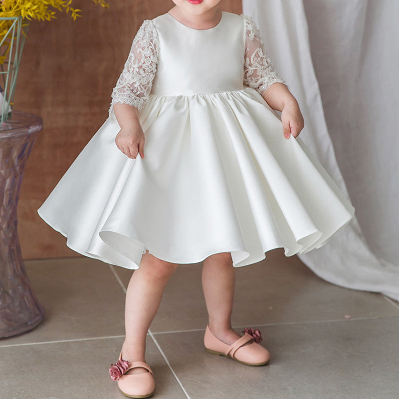White Satin A-Line Flower Girl Dress with Lace & Bows