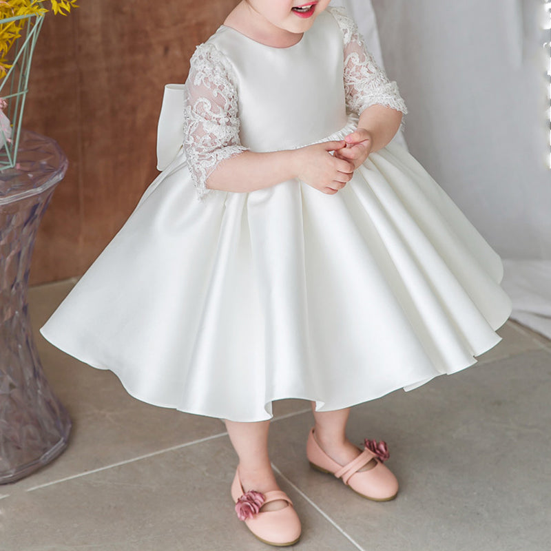 White Satin A-Line Flower Girl Dress with Lace & Bows