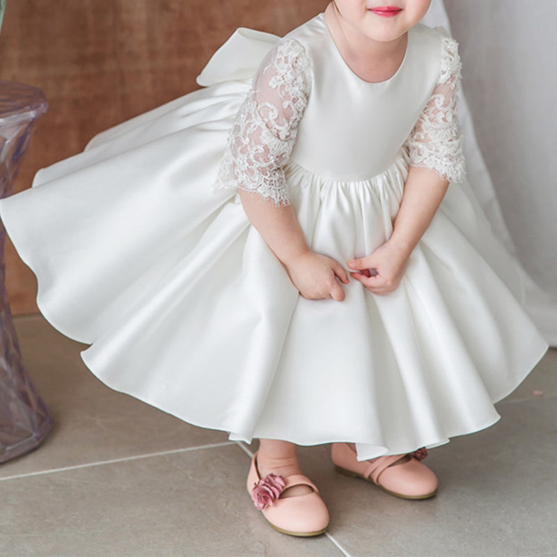 White Satin A-Line Flower Girl Dress with Lace & Bows