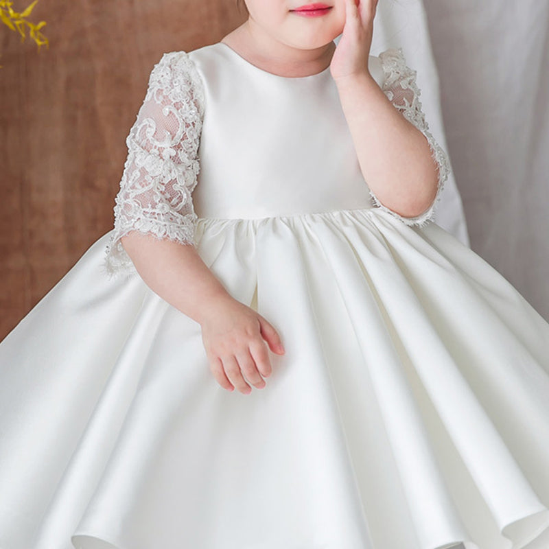 White Satin A-Line Flower Girl Dress with Lace & Bows