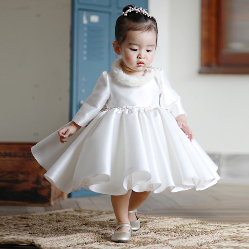 White Satin A-Line Flower Girl Dress with Long Sleeves and Ruffles