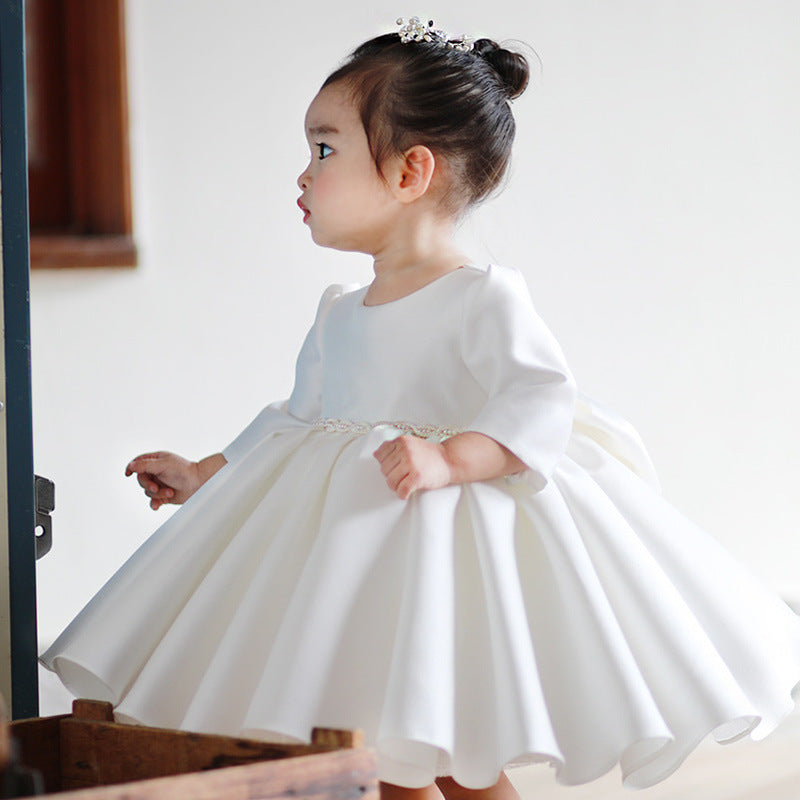 White Satin A-Line Flower Girl Dress with Long Sleeves and Ruffles