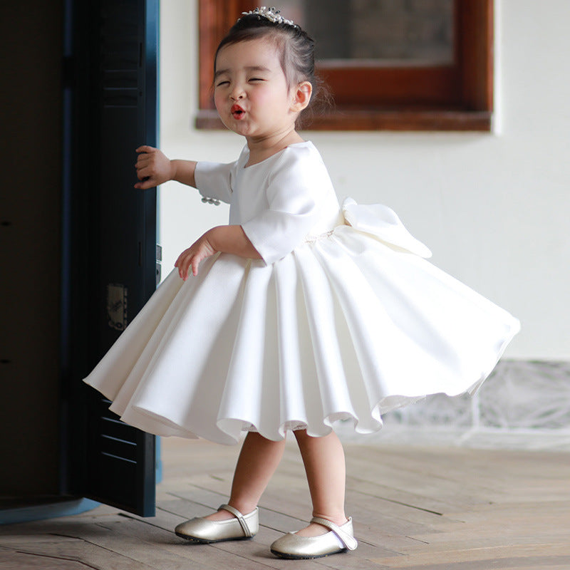 White Satin A-Line Flower Girl Dress with Long Sleeves and Ruffles