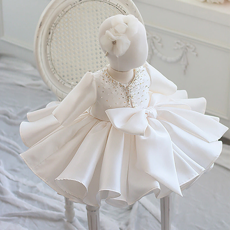 White Satin A-Line Flower Girl Dress with Sequin Bow