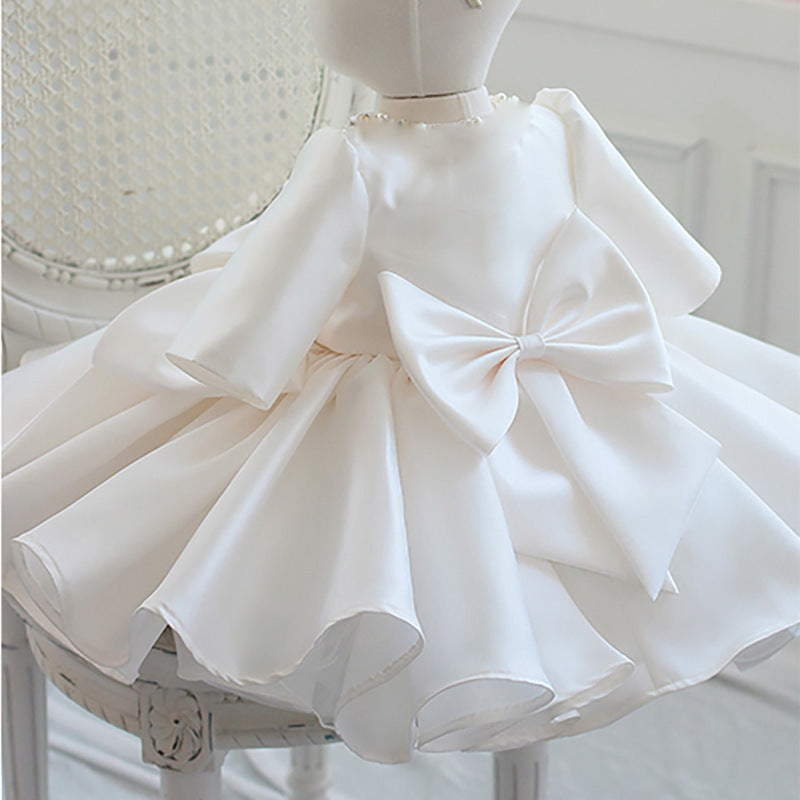 White Satin A-Line Flower Girl Dress with Sequin Bow
