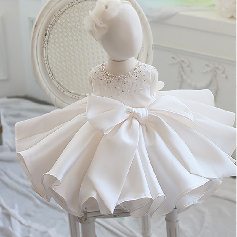 White Satin A-Line Flower Girl Dress with Sequin Bow