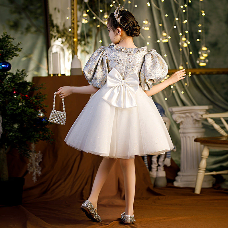 White Satin and Tulle Princess Knee-Length Flower Girl Dress