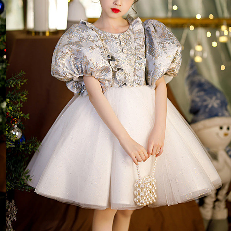 White Satin and Tulle Princess Knee-Length Flower Girl Dress