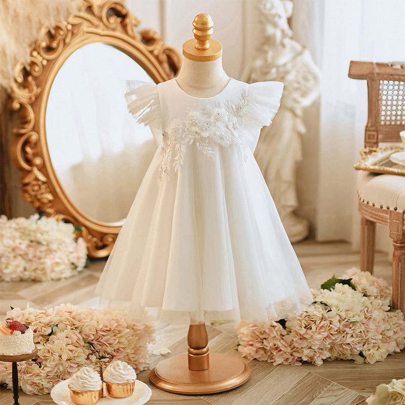 White Satin Knee-Length Ball Gown for Girls with Appliques & Sequins