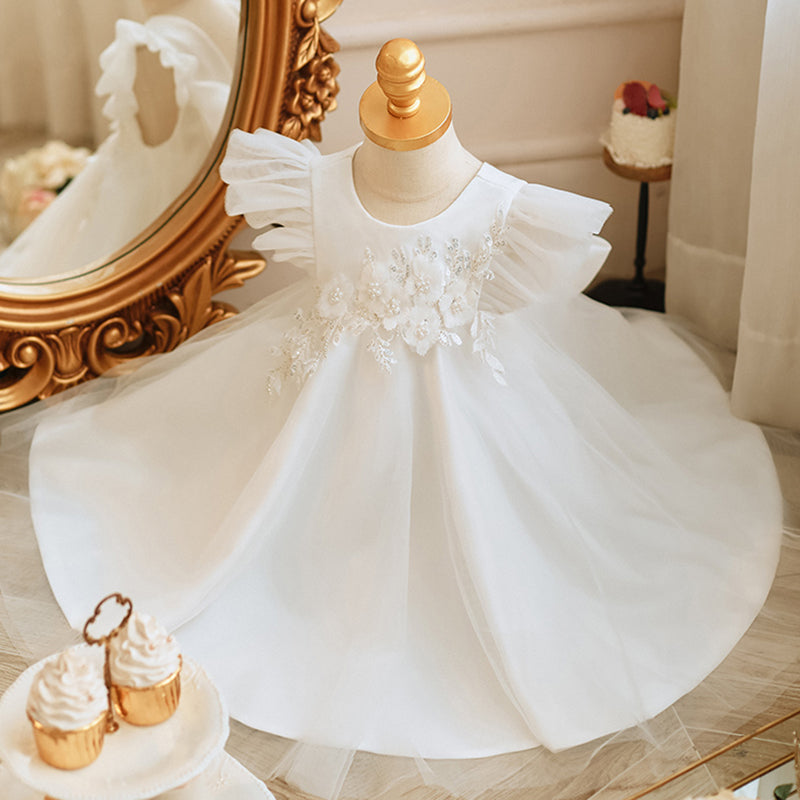 White Satin Knee-Length Ball Gown for Girls with Appliques & Sequins