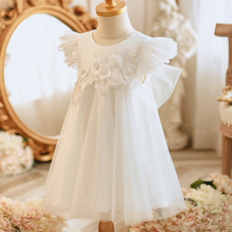 White Satin Knee-Length Ball Gown for Girls with Appliques & Sequins