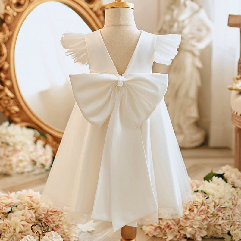 White Satin Knee-Length Ball Gown for Girls with Appliques & Sequins