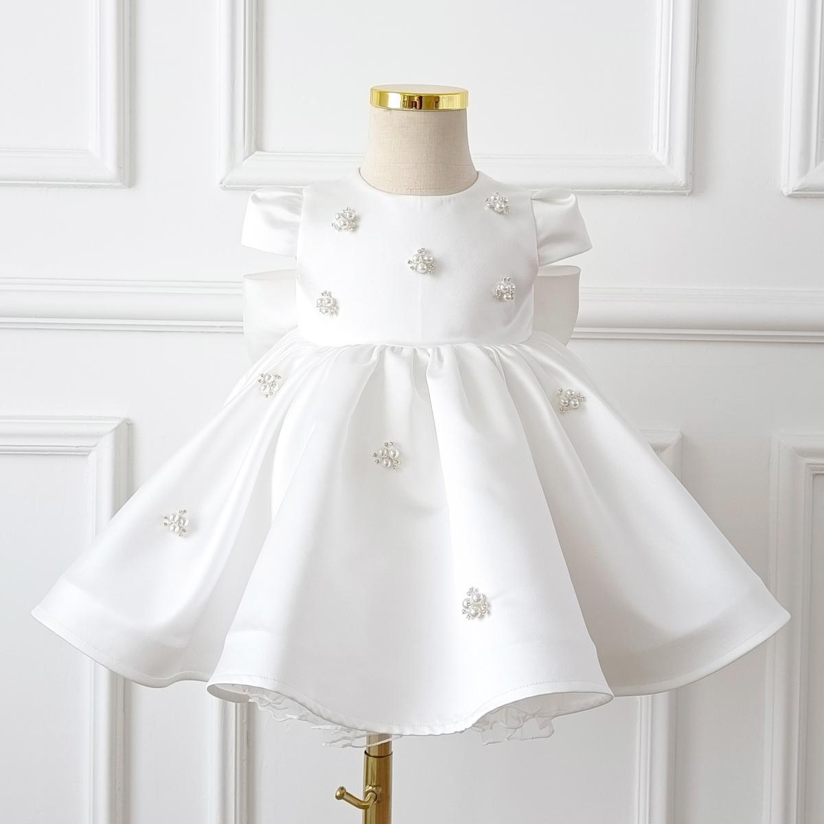White Satin Sleeveless Ball Gown Dress for Girls – Beaded Bow, Knee Length