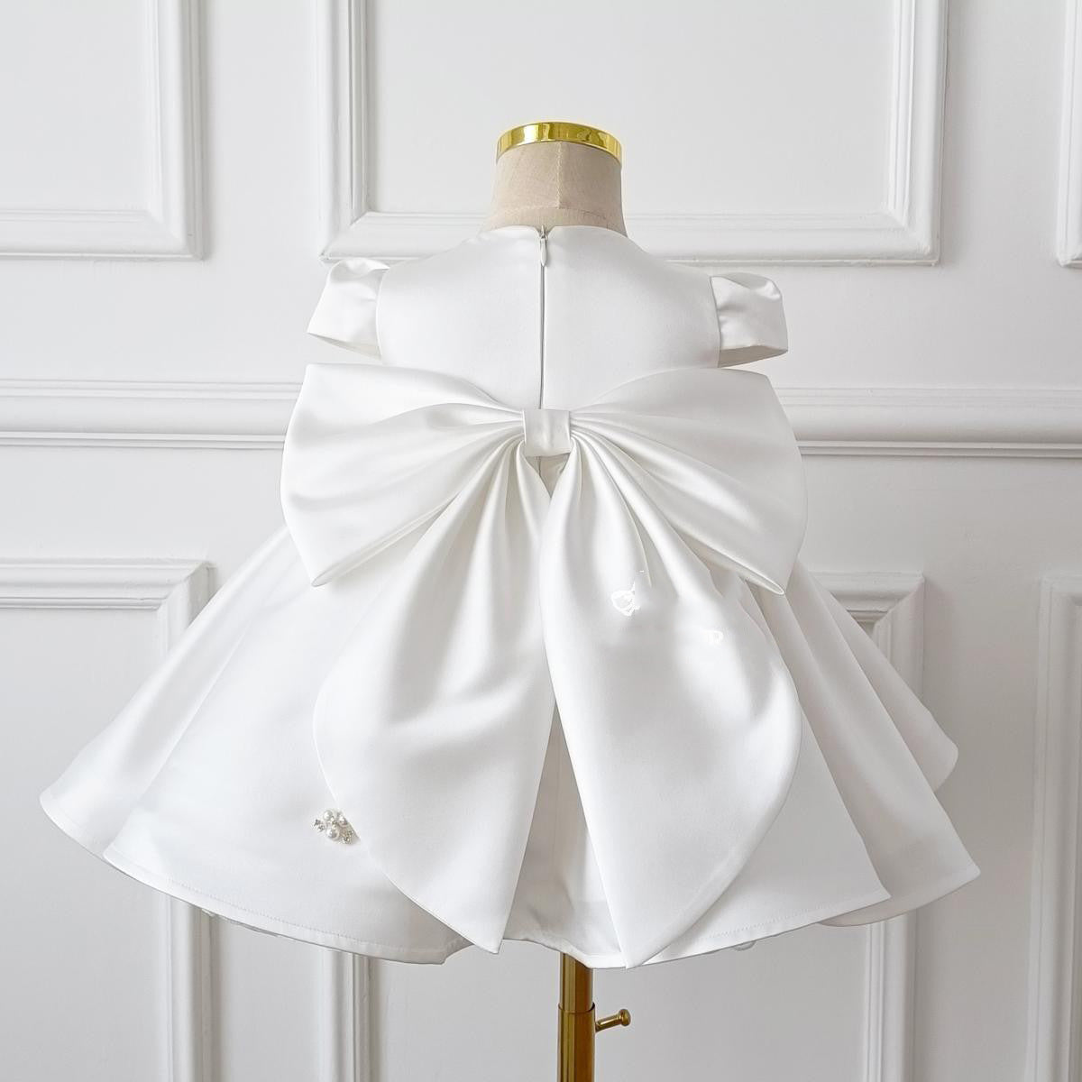 White Satin Sleeveless Ball Gown Dress for Girls – Beaded Bow, Knee Length