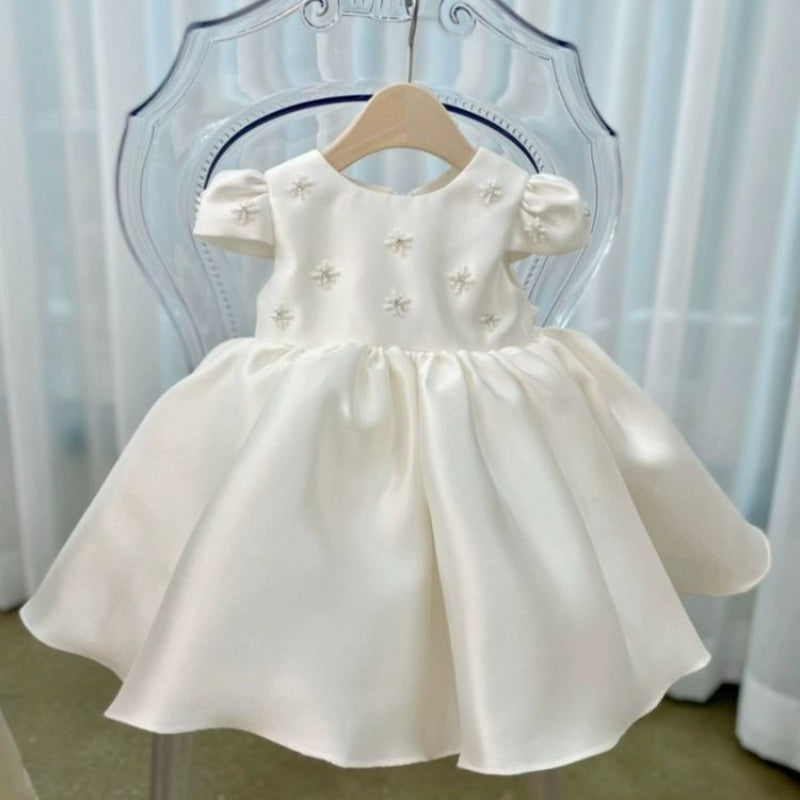 White Satin Ball Gown Dress for Girls with Sequins & Bows – Flower Girl & Special Occasion