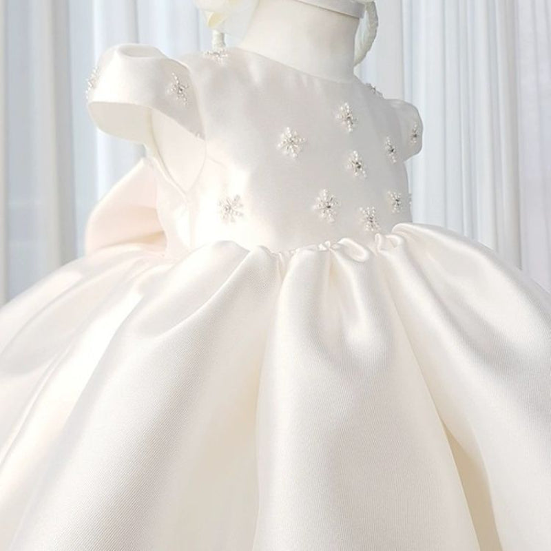 White Satin Ball Gown Dress for Girls with Sequins & Bows – Flower Girl & Special Occasion
