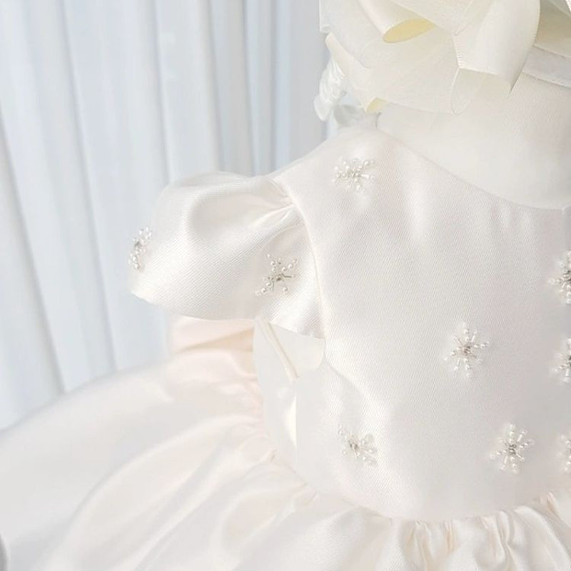 White Satin Ball Gown Dress for Girls with Sequins & Bows – Flower Girl & Special Occasion