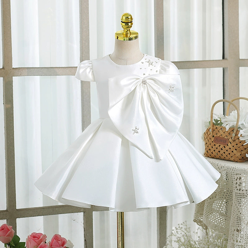 White Satin Ball Gown for Girls – Short Sleeve Flower Girl Party Dress with Bow