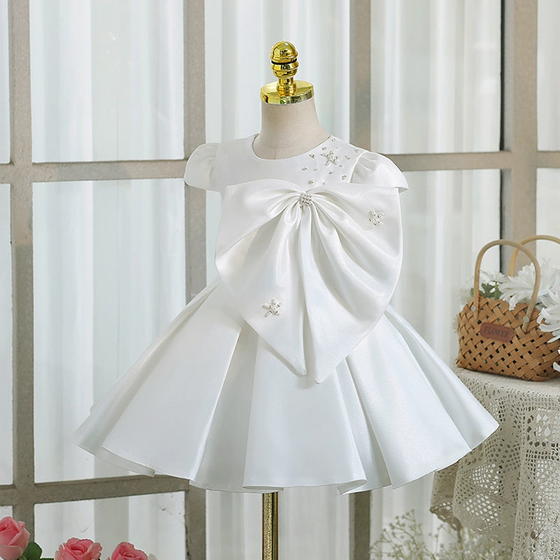 White Satin Ball Gown for Girls – Short Sleeve Flower Girl Party Dress with Bow
