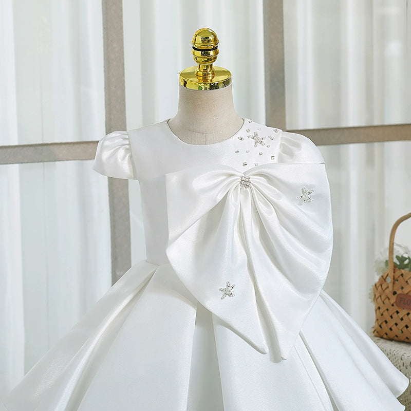 White Satin Ball Gown for Girls – Short Sleeve Flower Girl Party Dress with Bow