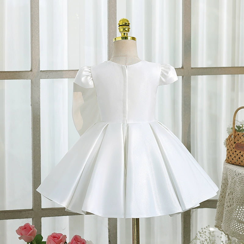 White Satin Ball Gown for Girls – Short Sleeve Flower Girl Party Dress with Bow