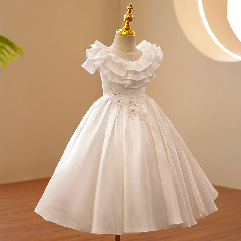 White Satin Flower Girl Dress | Lace & Cascading Ruffles