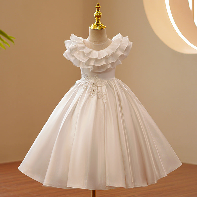 White Satin Flower Girl Dress | Lace & Cascading Ruffles