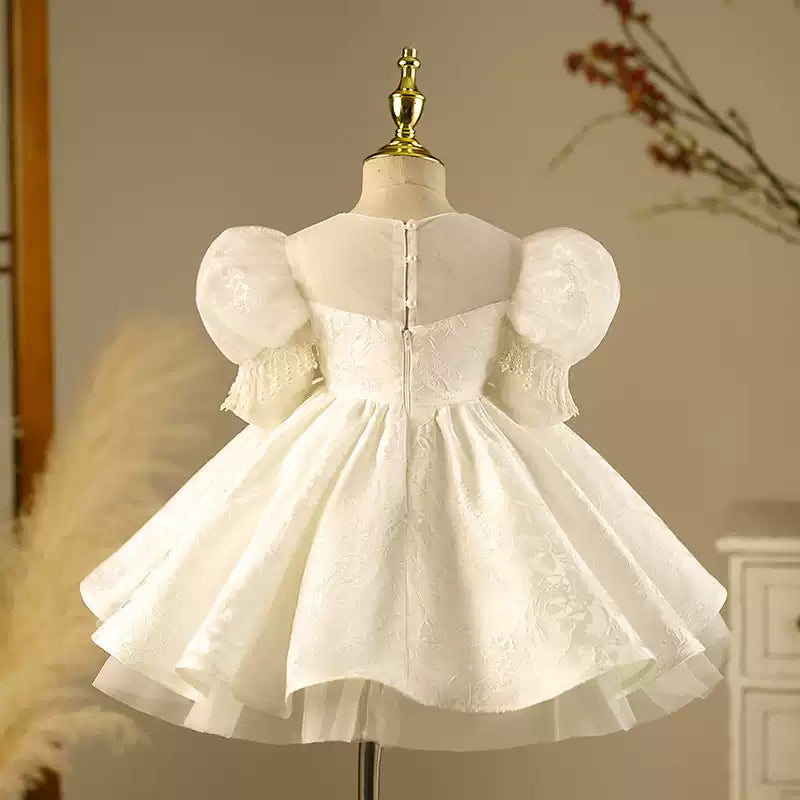 White Satin Lace Flower Girl Dress with Beading & Puff Sleeves