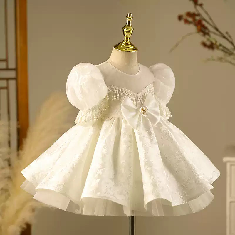 White Satin Lace Flower Girl Dress with Beading & Puff Sleeves