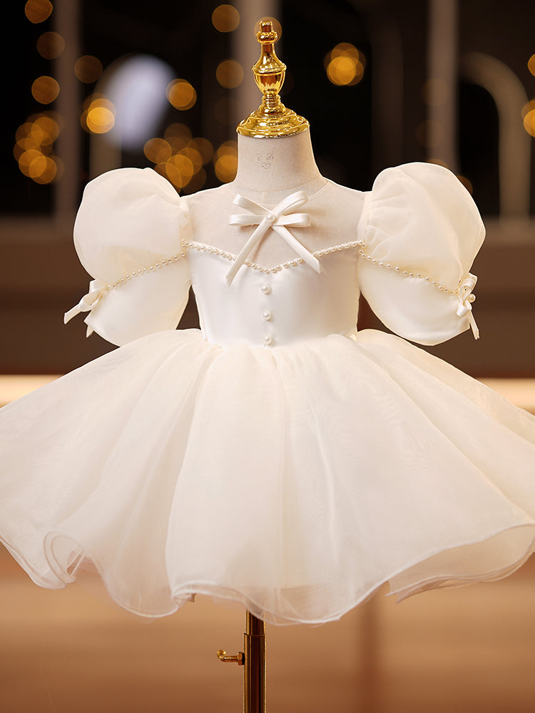 White Satin Organza Princess Flower Girl Dress Beaded Puff Sleeve