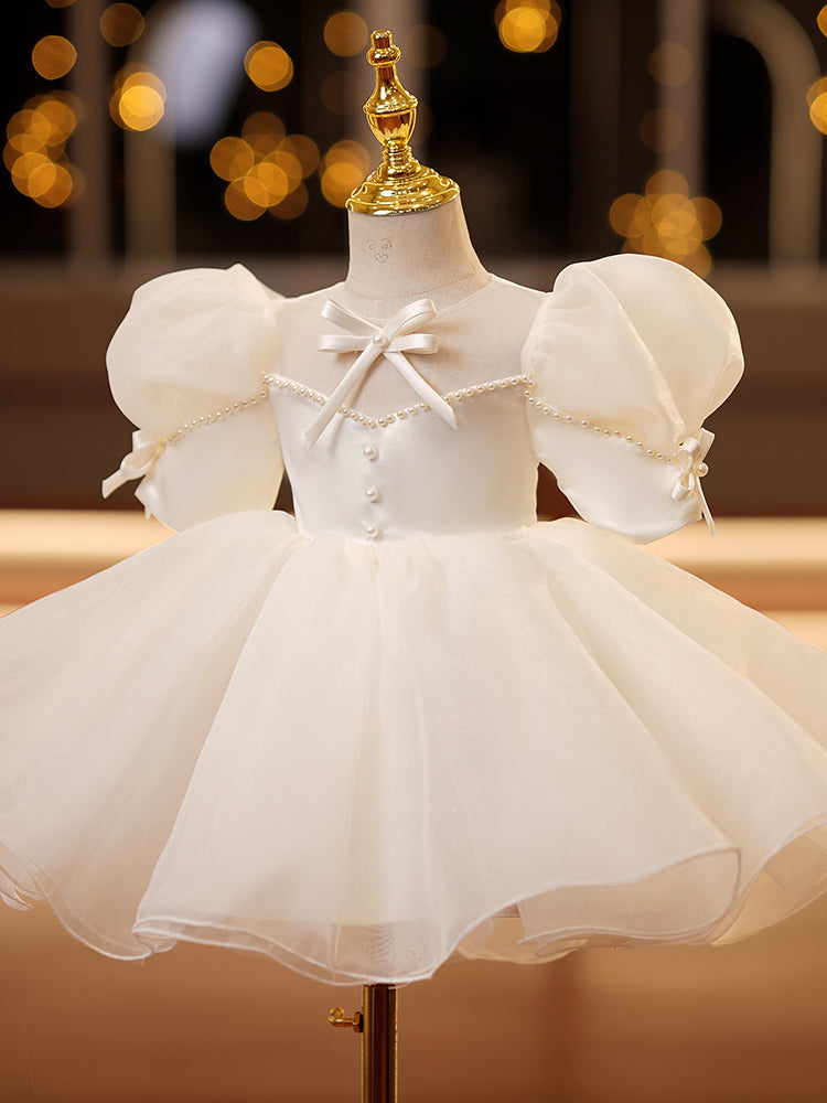 White Satin Organza Princess Flower Girl Dress Beaded Puff Sleeve