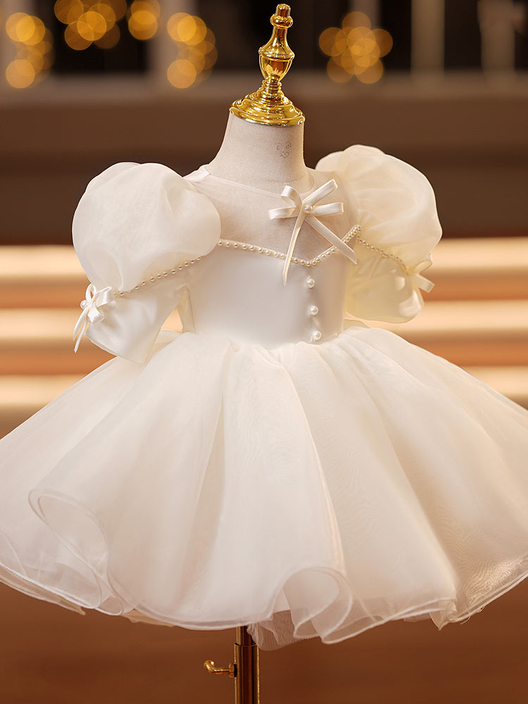 White Satin Organza Princess Flower Girl Dress Beaded Puff Sleeve