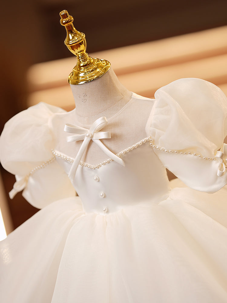 White Satin Organza Princess Flower Girl Dress Beaded Puff Sleeve