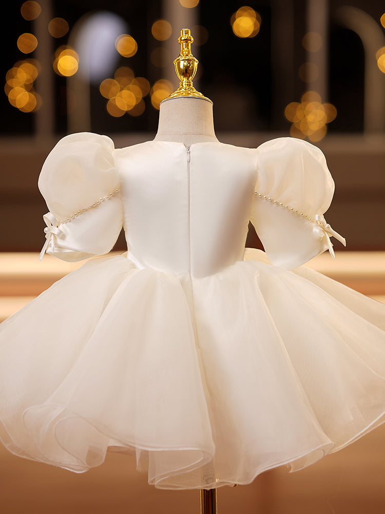 White Satin Organza Princess Flower Girl Dress Beaded Puff Sleeve