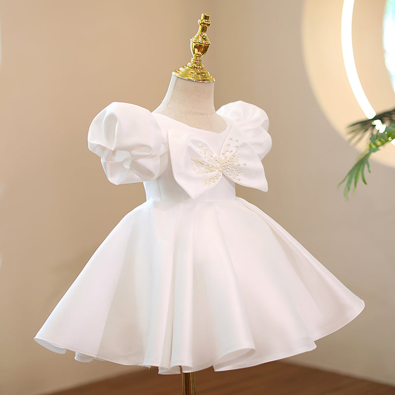 White Satin Princess Dress | Beaded Bow Puff Sleeves