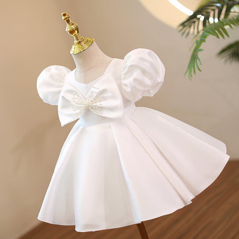 White Satin Princess Dress | Beaded Bow Puff Sleeves