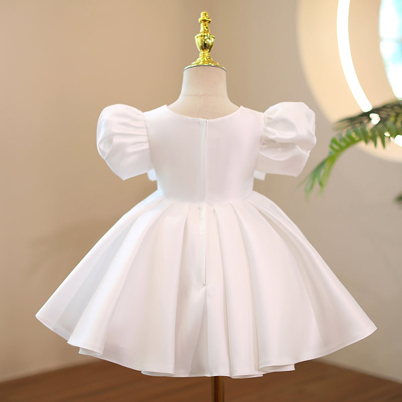White Satin Princess Dress | Beaded Bow Puff Sleeves