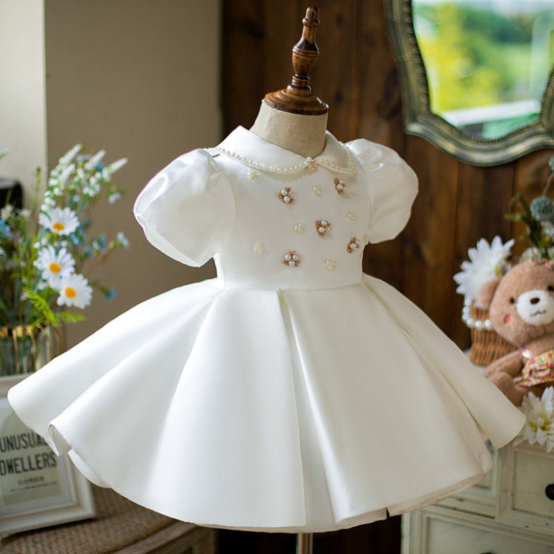 White Satin Princess Dress | Beaded Collar Puff Sleeves