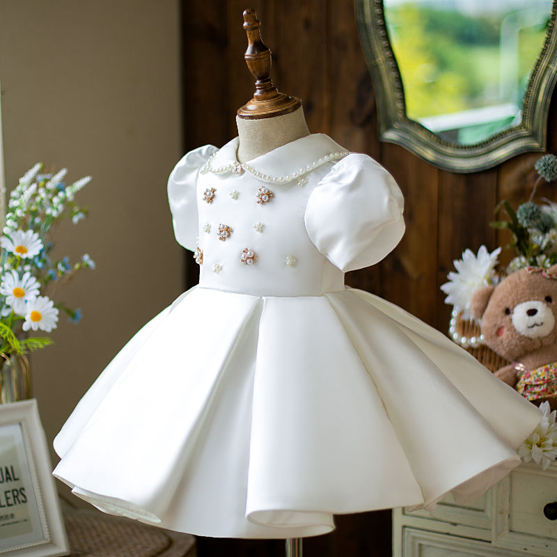White Satin Princess Dress | Beaded Collar Puff Sleeves