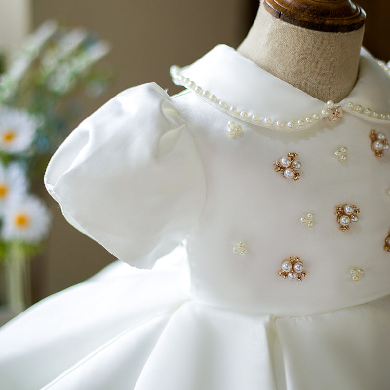 White Satin Princess Dress | Beaded Collar Puff Sleeves