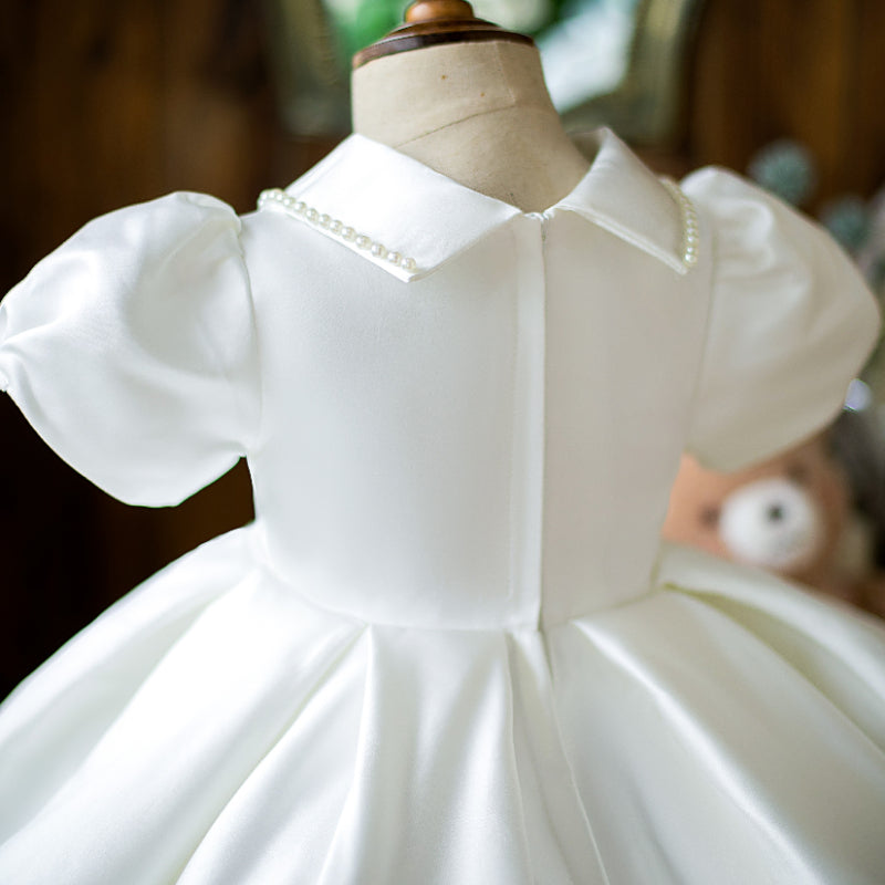 White Satin Princess Dress | Beaded Collar Puff Sleeves